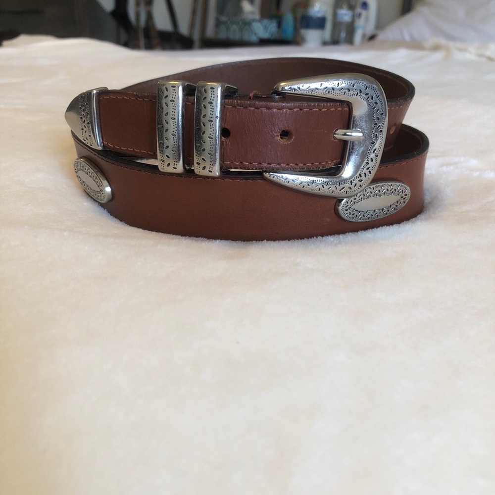 Genuine Brown Leather Belt with Decorative Silver Conchas, Buckle, & Keepers, 38
